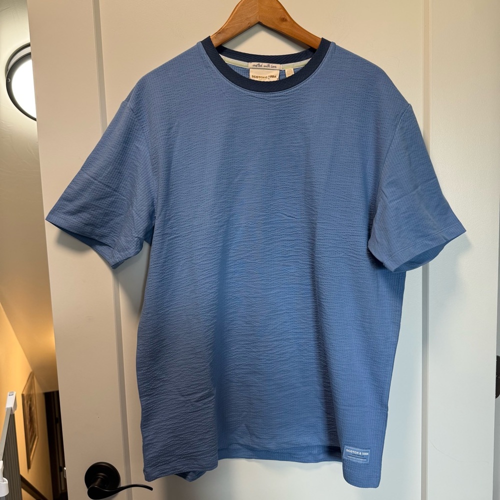 NWT Scotch &‎ Soda Men's Seeersucker Cotton Blend T-Shirt Blue Stretchy Casual L